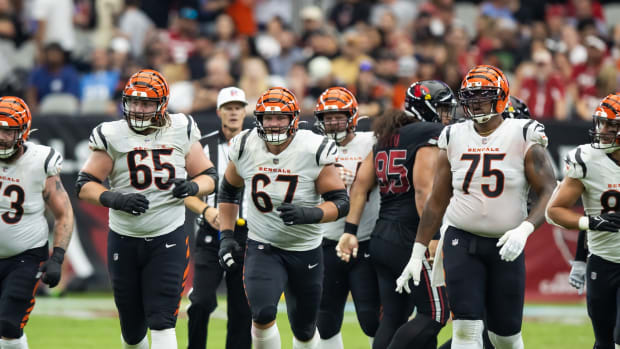 Oct 8, 2023; Glendale, Arizona, USA; Cincinnati Bengals guard Alex Cappa (65), guard Cordell Volson (67) and offensive tackle Orlando Brown Jr. (75) against the Arizona Cardinals at State Farm Stadium. Mandatory Credit: Mark J. Rebilas-USA TODAY Sports  